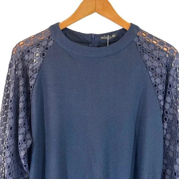 Miholl NWT Navy Blue Blouse Plus XXL Long Lace Eyelet Sleeves Waffle Knit Zipper - Picture 4 of 9